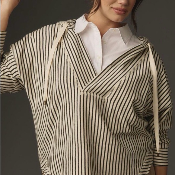 Anthropologie Tops - Anthropologie Sweatshirt Women Pilcro Wharfside Hoodie Green Stripe Pullover